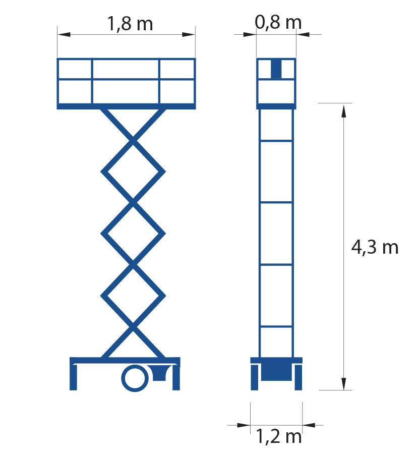 Släpvagnslift saxlift el, plattformshöjd 4,3 m SKYMAN 45