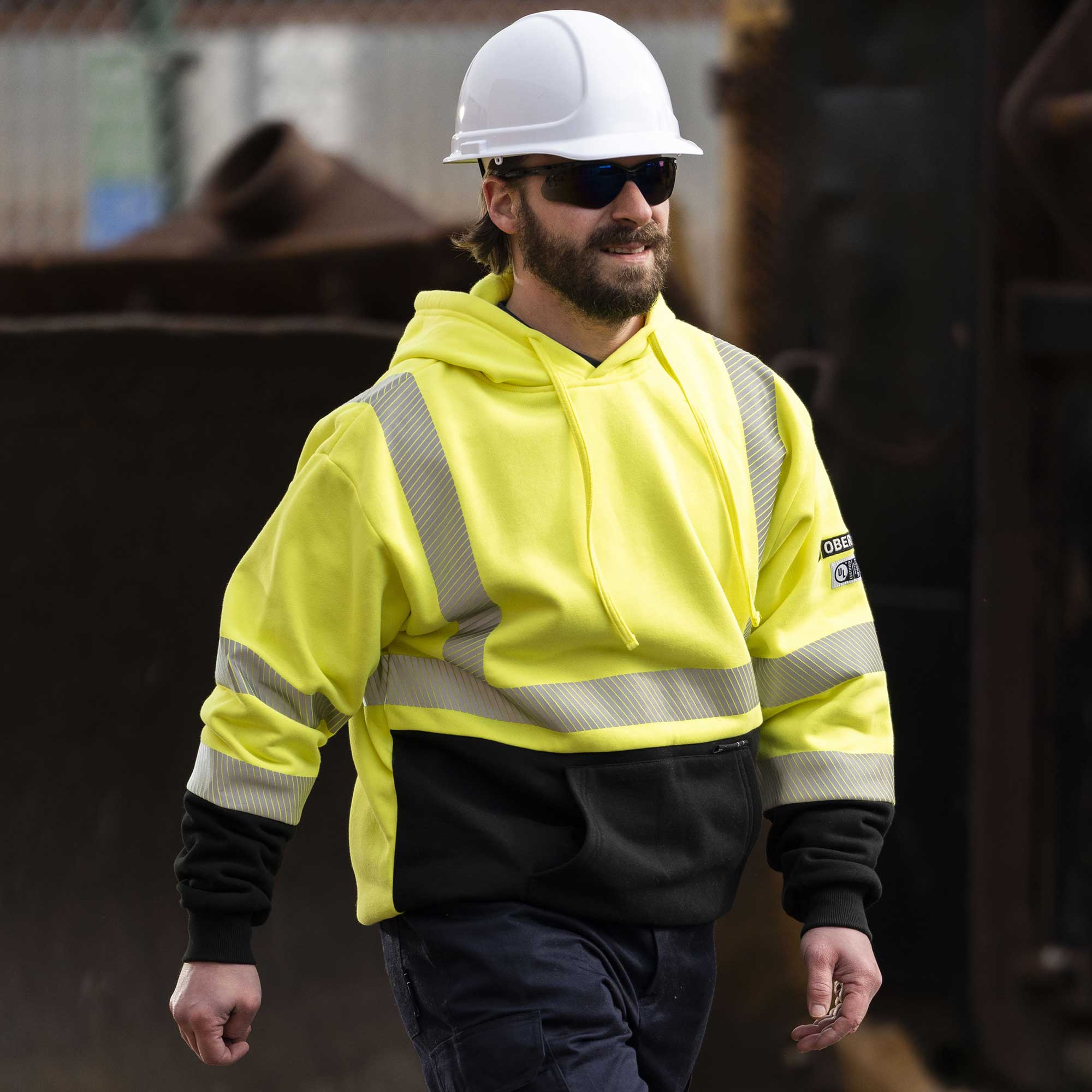 Hi-Vis 100% FR/Arc-Rated Heavyweight 12 oz Cotton Fleece Pullover Hoodie w/Black Bottom - Hi-Vis Yellow - L product photo