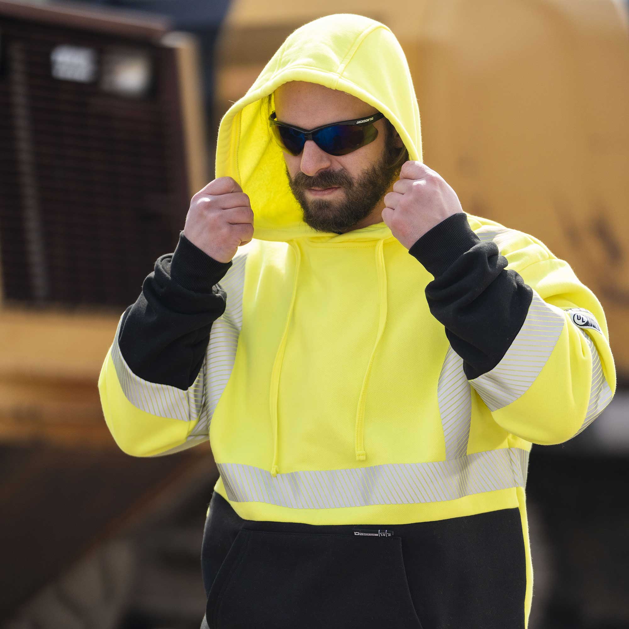 Hi-Vis 100% FR/Arc-Rated Heavyweight 12 oz Cotton Fleece Pullover Hoodie w/Black Bottom - Hi-Vis Yellow - L product photo