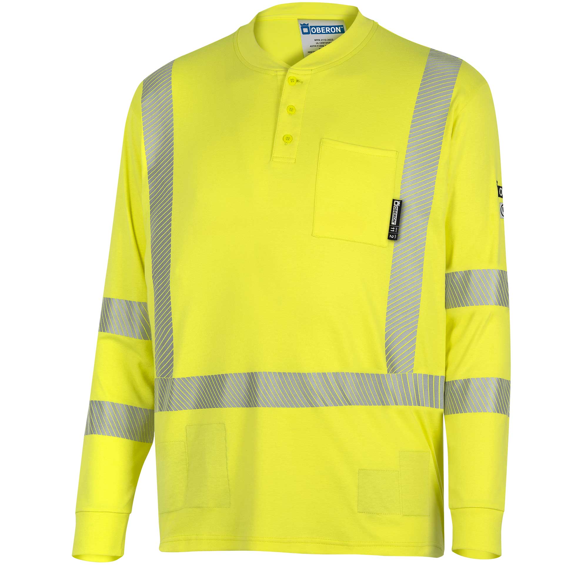 Hi-Vis 100% FR/Arc-Rated 7 oz Cotton Interlock Long-Sleeved Henley Shirt - Hi-Vis Yellow - S product photo