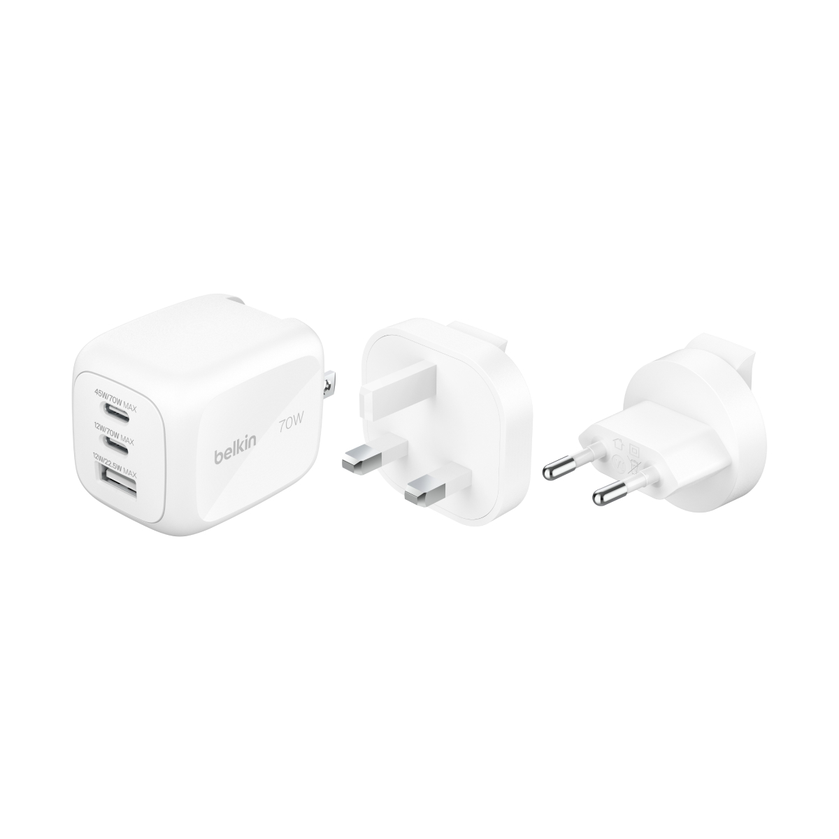 Belkin BoostCharge Pro 70W Triple GaN Charger with Travel Adapter Kit, White