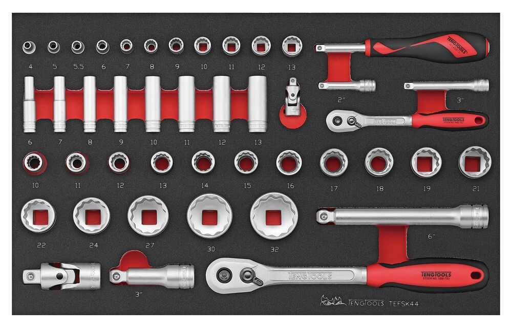 TengTools 1/4inch & 1/2inch Socket Set FOAM3 44 Pieces