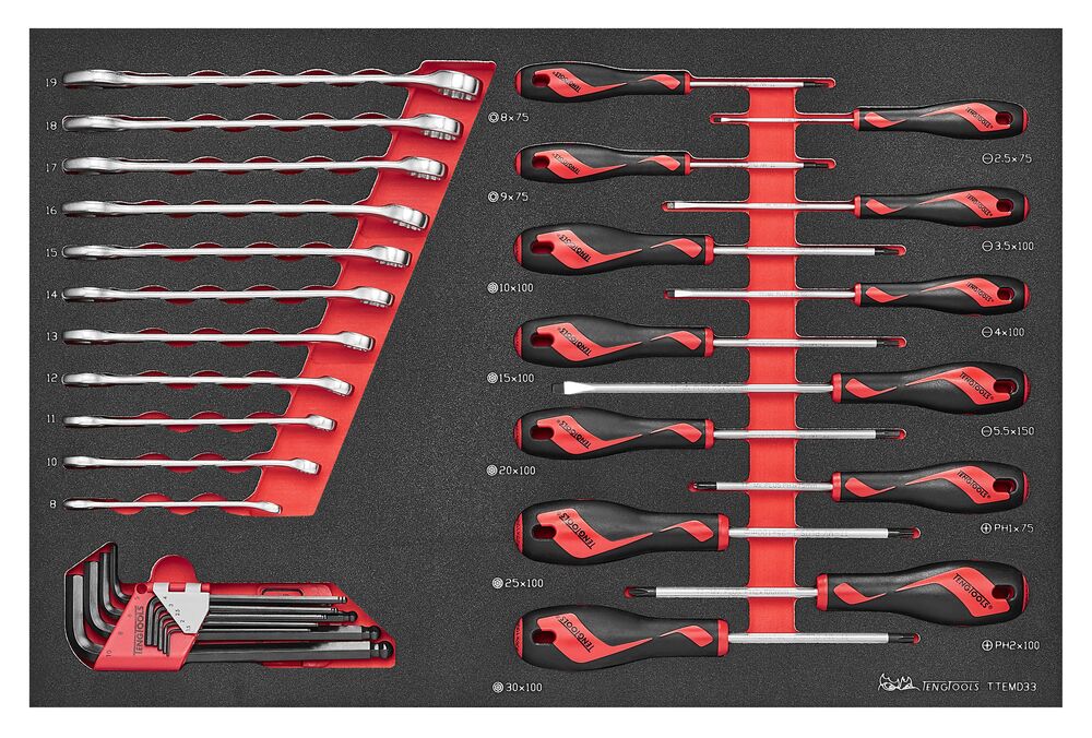 TengTools Screwdriver & Spanner Set FOAM4X4 33 Pieces