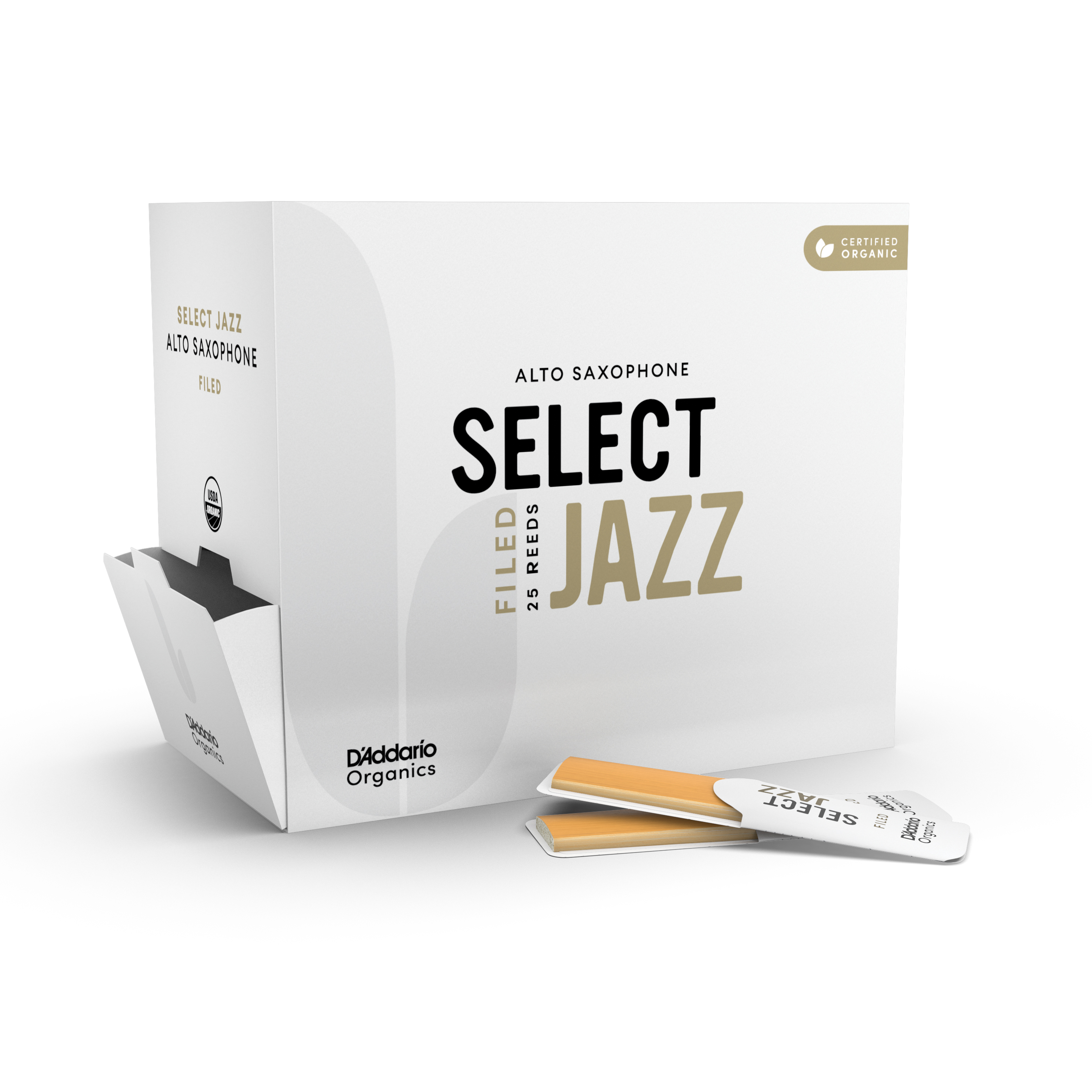 D'Addario Woodwinds Select Jazz Alto Sax Reeds, Filed, Strength 2 Medium, 10-pack