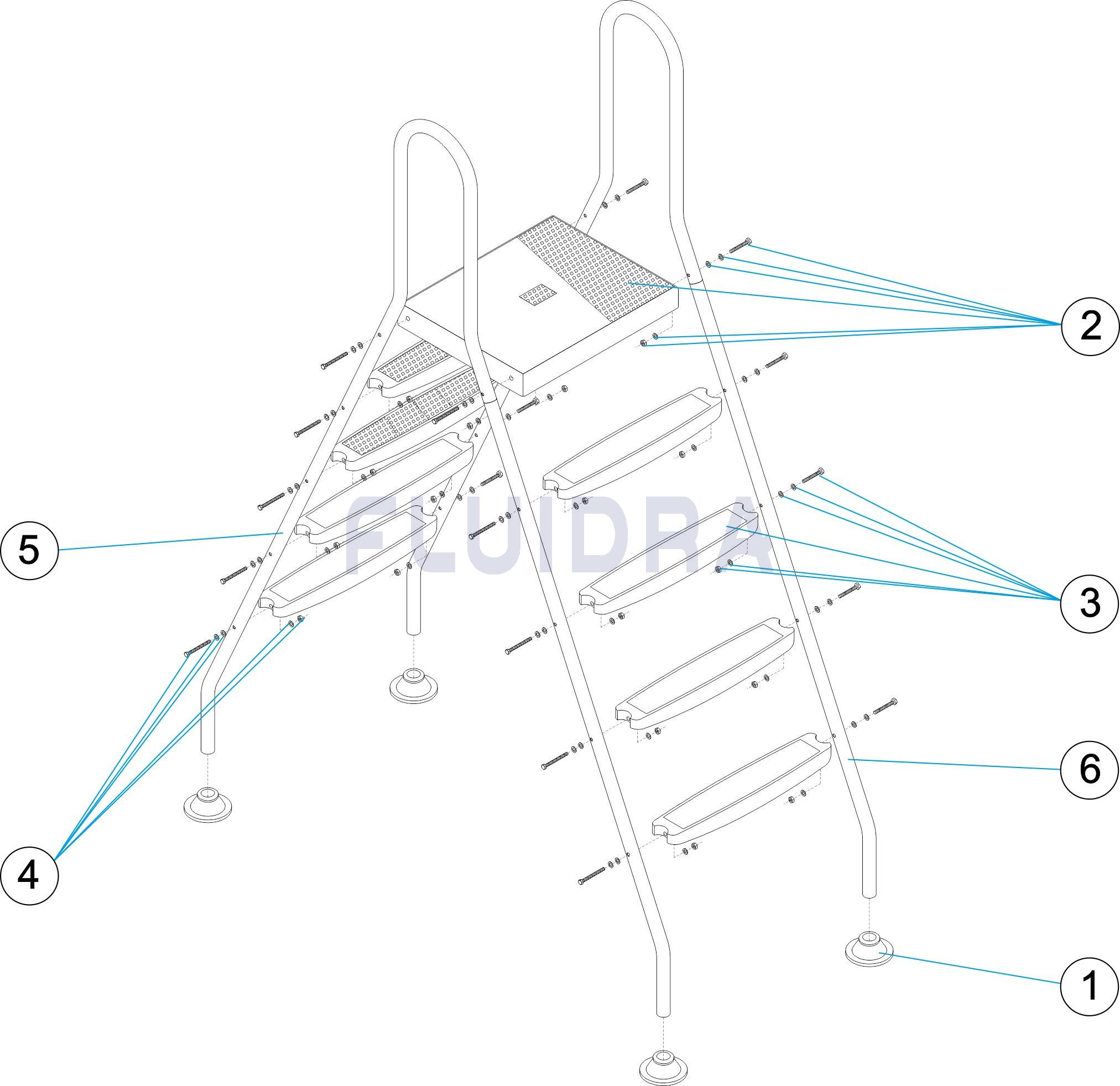 Altura piscina 1 m. 2 x 3 peldaños + 1 plataforma