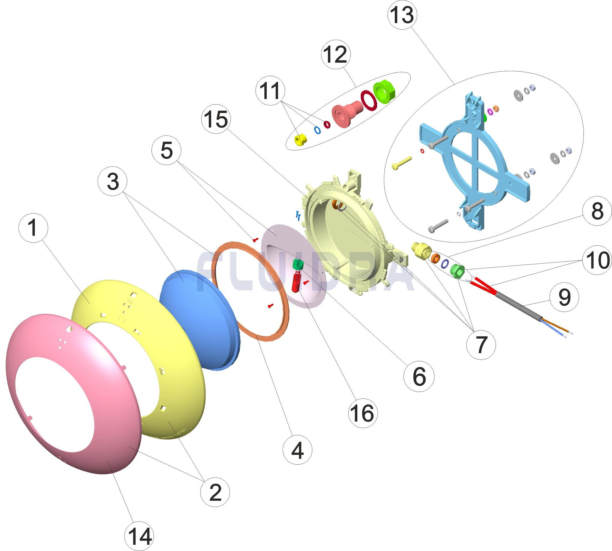 Proyector extra plano piscinas prefabricadas. Embellecedor blanco