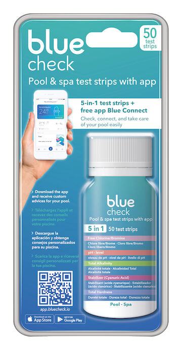 Blue Check, 5-in-1-Teststreifen für Pool und Spa mit Wartungs-App Blue Connect