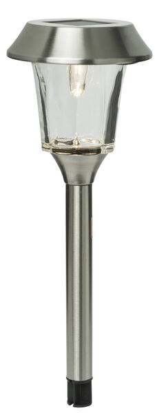 Silverfärgad solcellsbelysning med markspett och glas