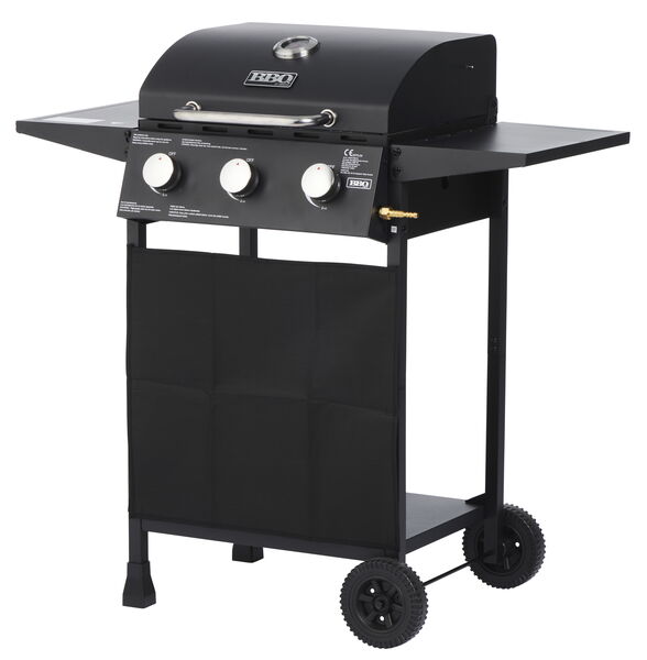 Svart gasolgrill med tre vred och sidobord