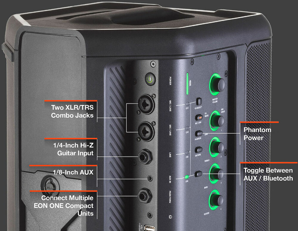 Mange tilkoblinger og stikkontakter på JBL EON One Compact