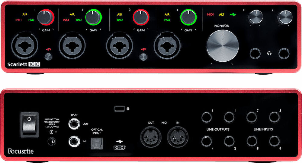 Focusrite Scarlett 18i8 (3rd gen) – Ingångar och utgångar på fram- och baksida.
