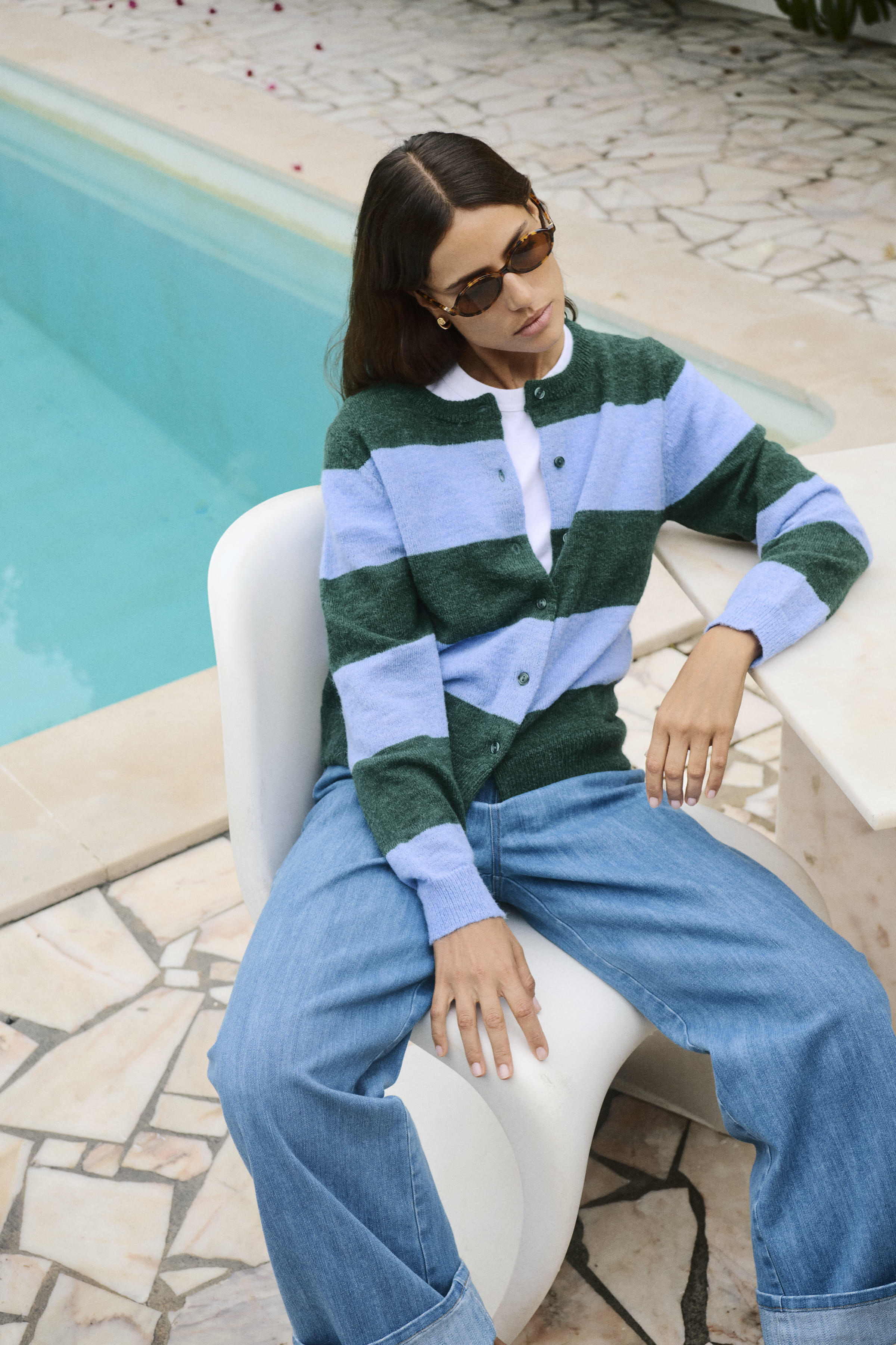 SLTuesday Cardigan in green and hydrangea stripe colour