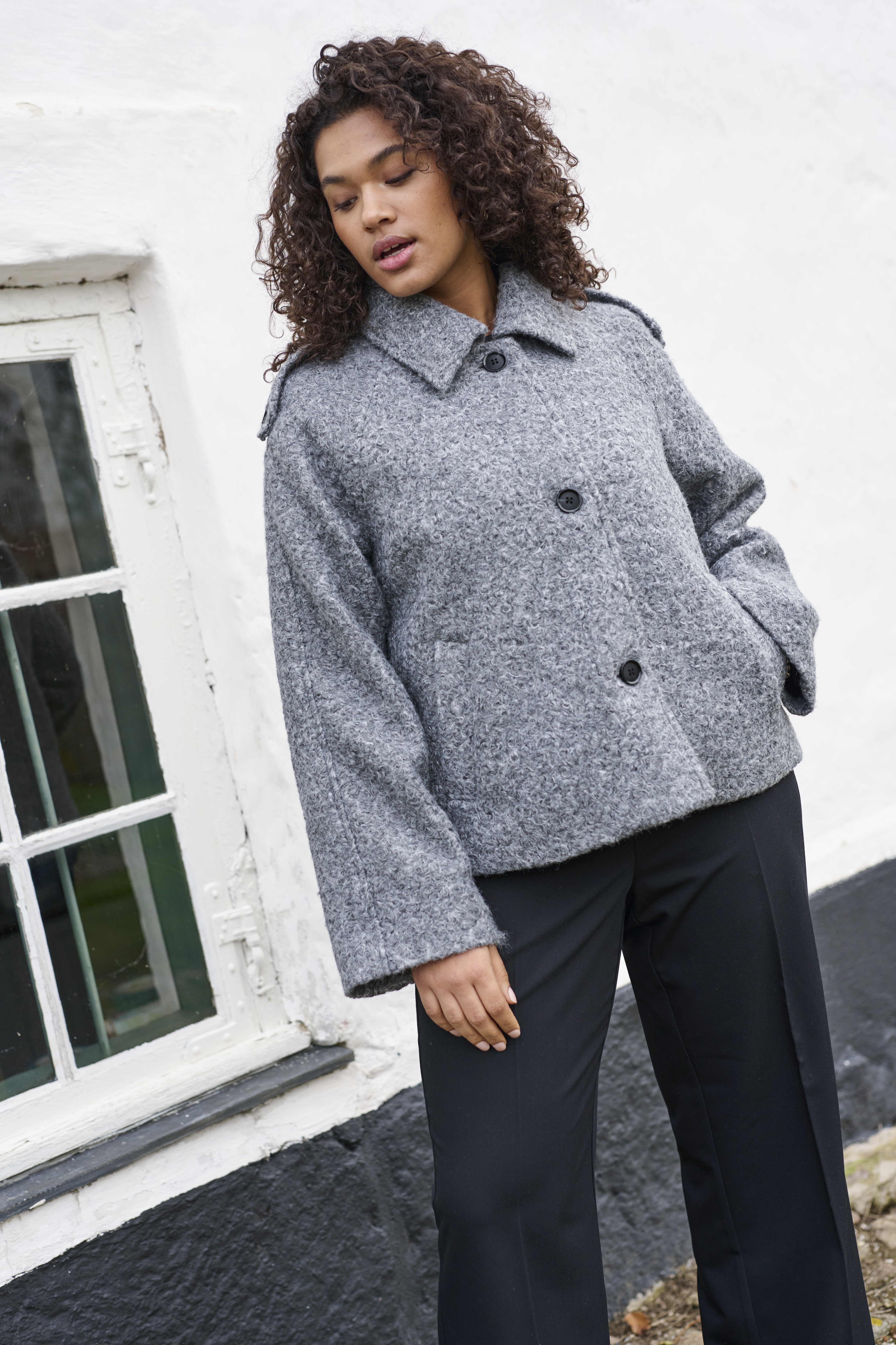 KCtary Short Coat in grey melange polyester | KAFFE Clothing