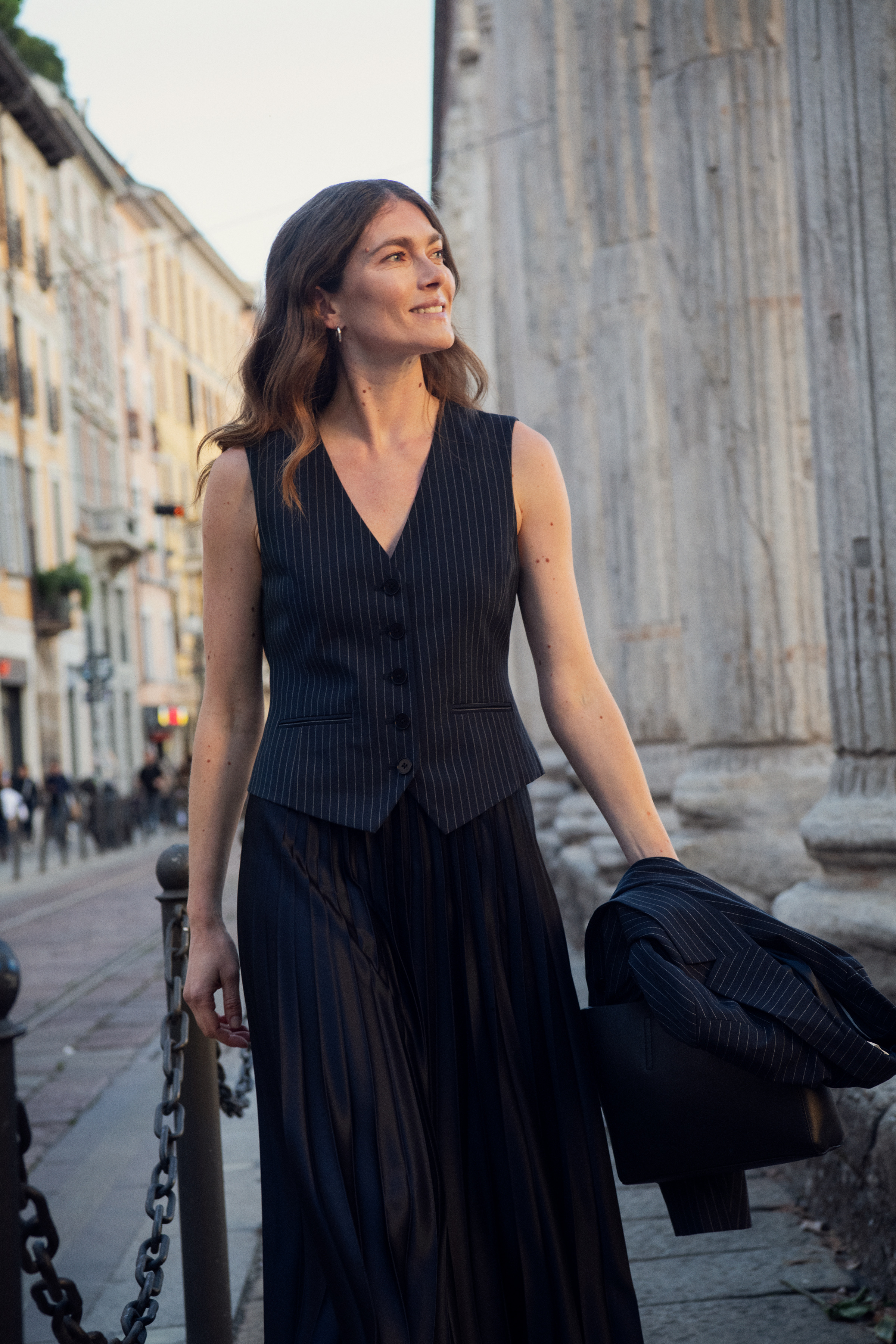 RikkePW Waistcoat in dark navy pinstripe colour