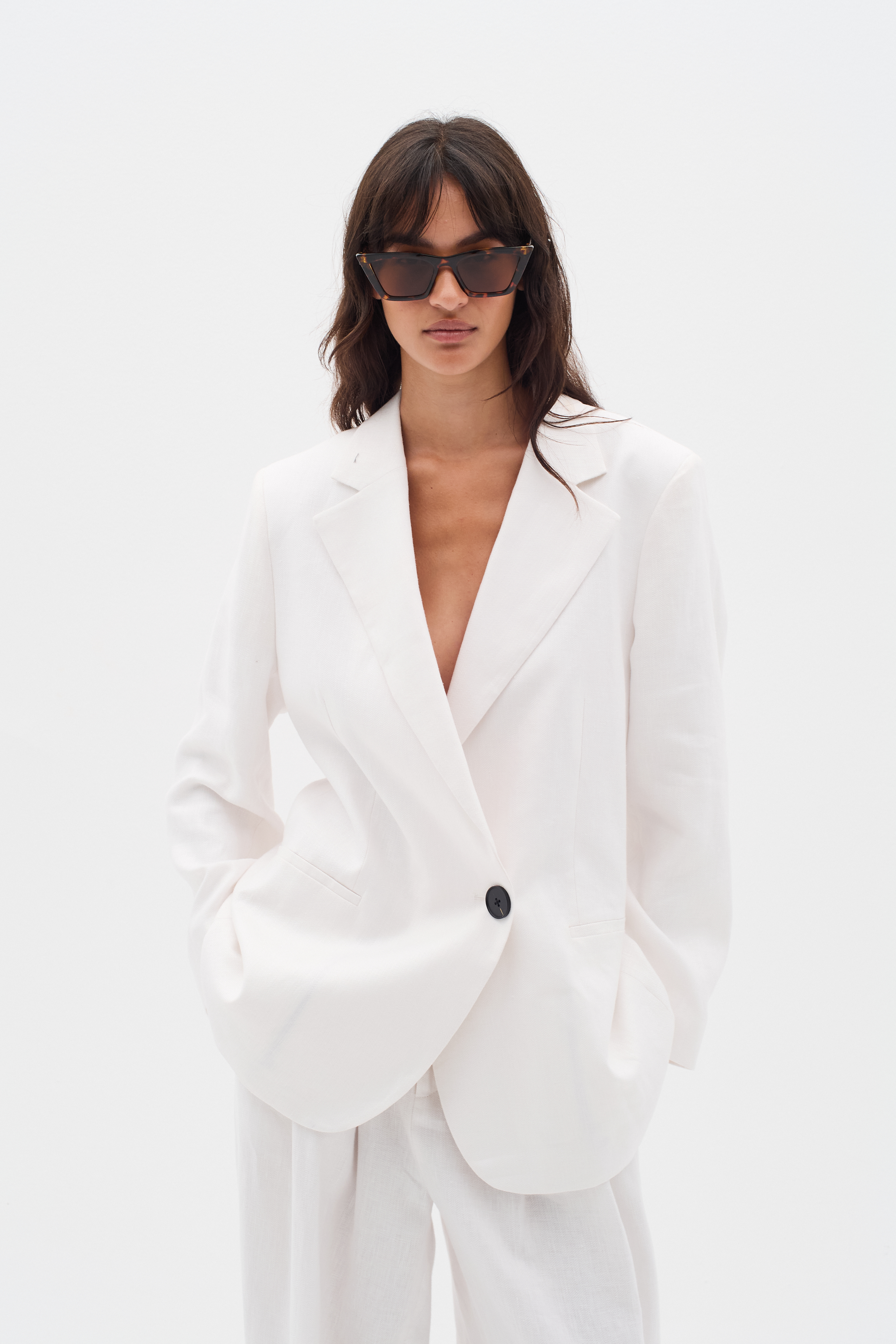 ジャケット PLAIN White Double-Breasted Blazer in Linen Woman 3915_d9ecd3f1-4fca-497f-9a63-