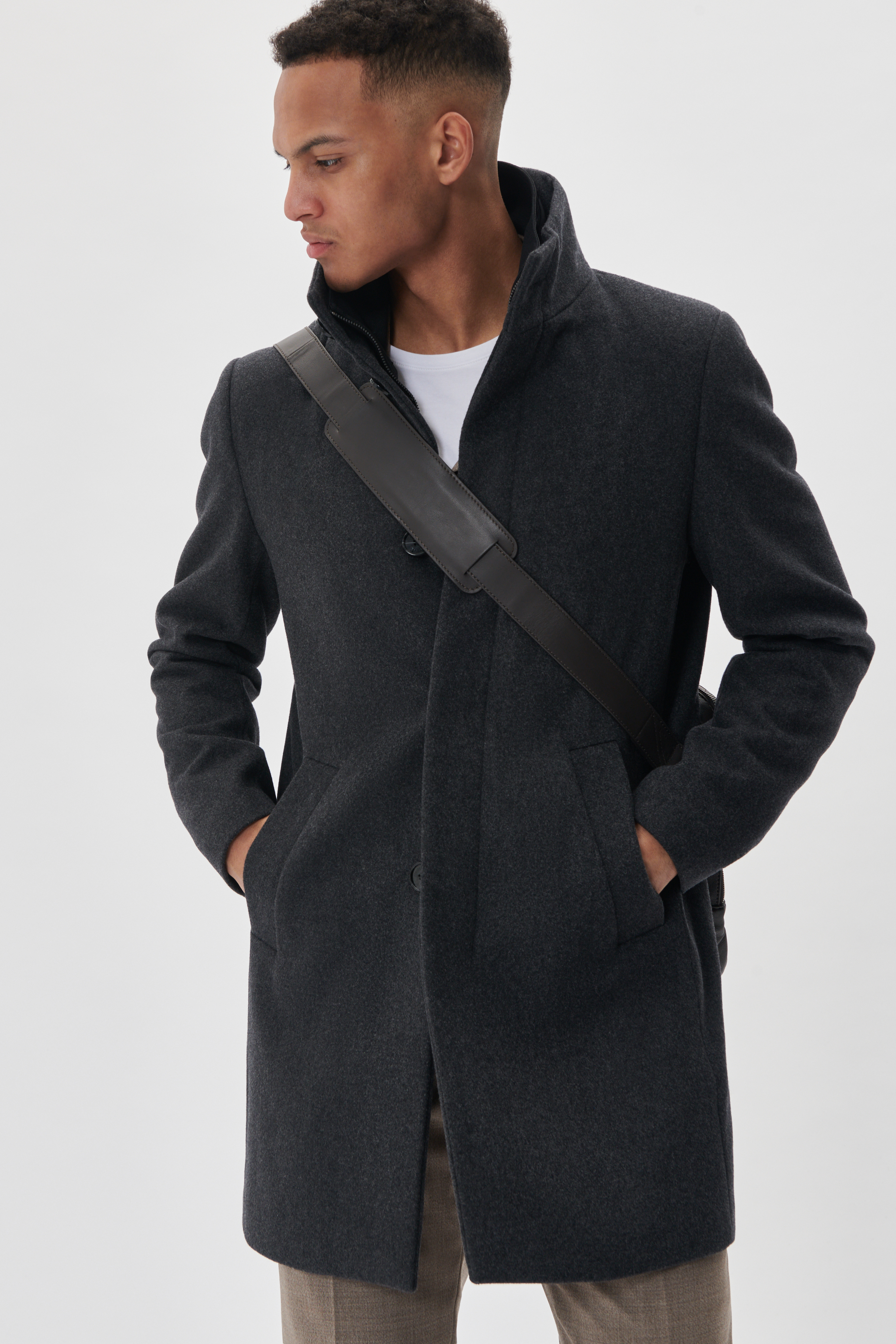 HARVEY WOOL COAT IN MEDIUM GREY MELANGE COLOUR