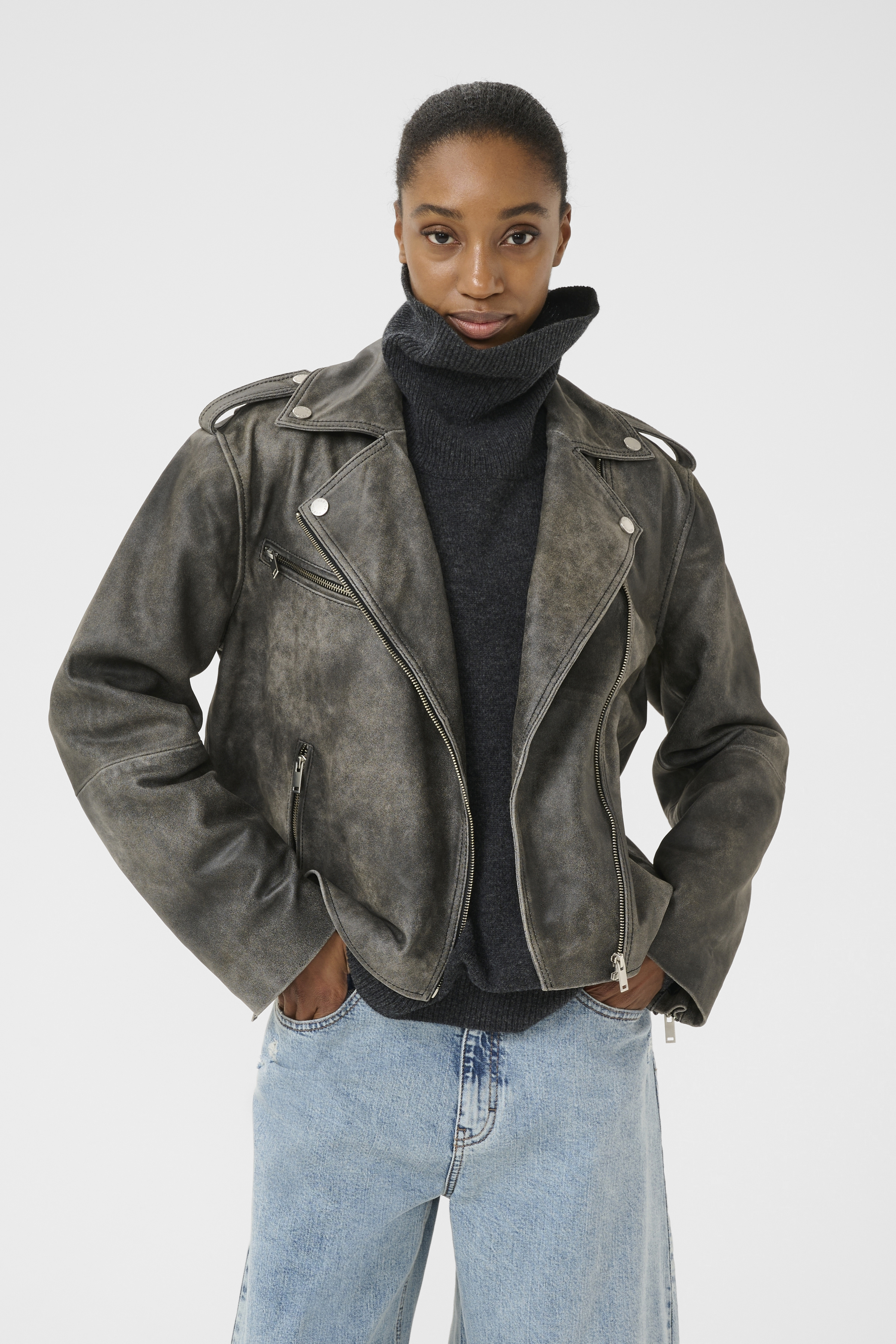GZnaomi Leather jacket in cold vintage grey lamb leather | Companys