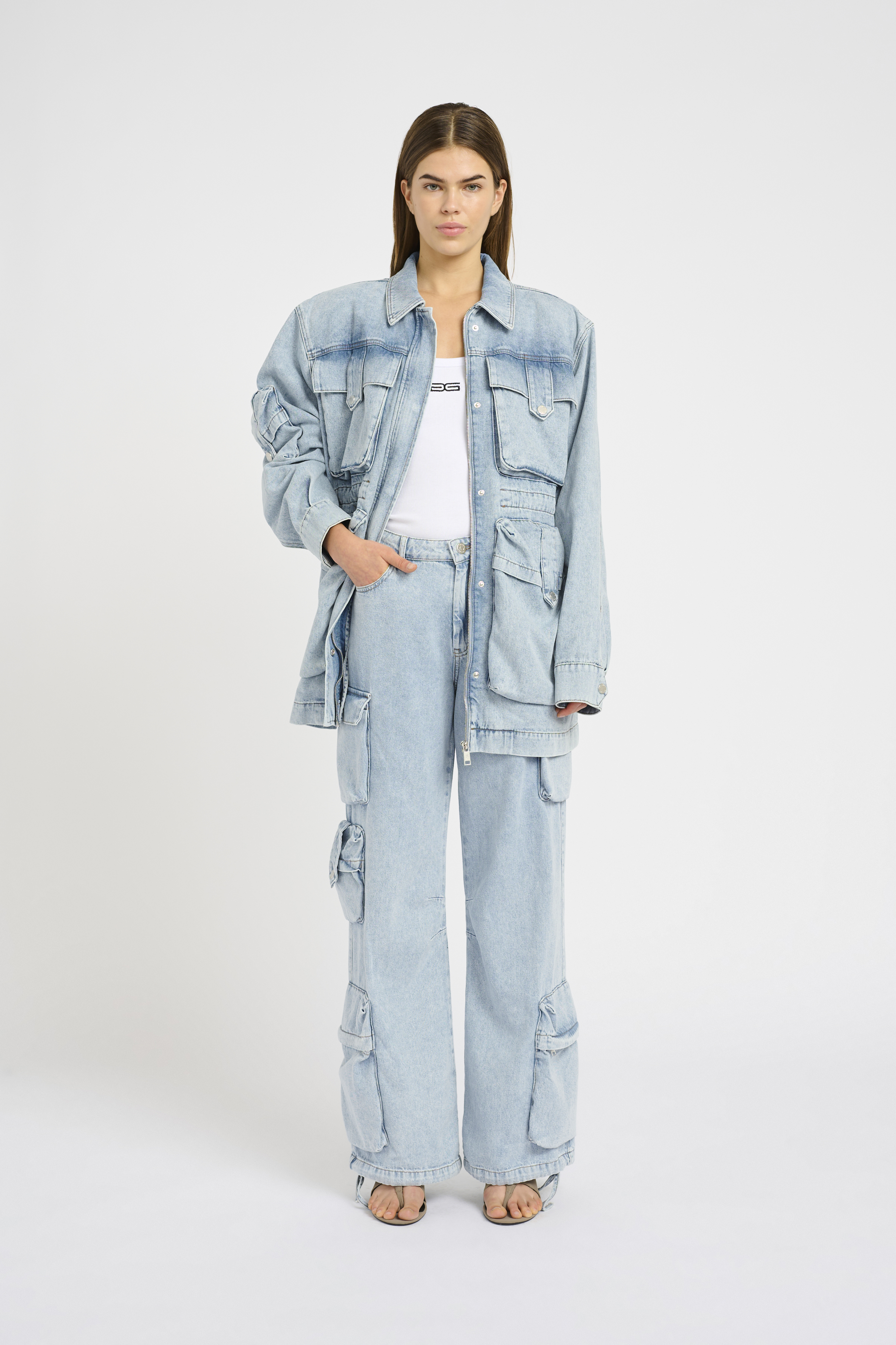 【BAON】Penzie Vintage Wash Denim Cargo Pants Cargo Pants Women Jeans Vintage Street Distressed Wash Baggy