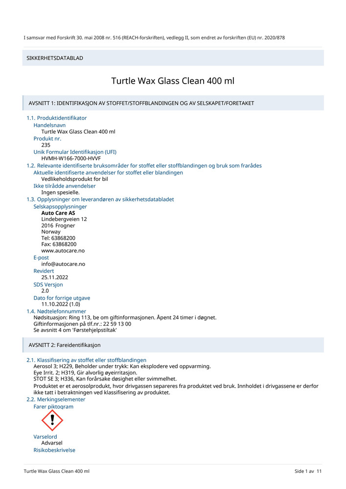 TURTLE WAX TURTLE GLASS RENS 400 ML SPRAY - Kjøp hos TOOLS
