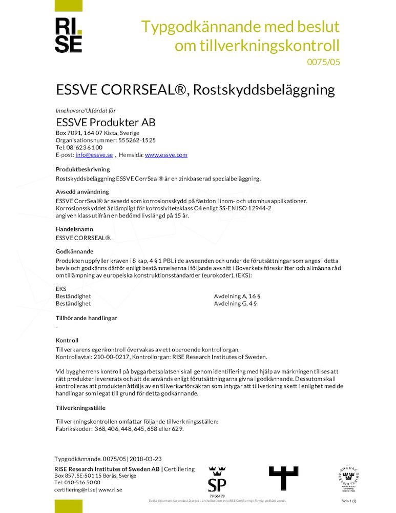 CORRSEAL TYPGODKÄNNANDE ROSTSKYDD SE