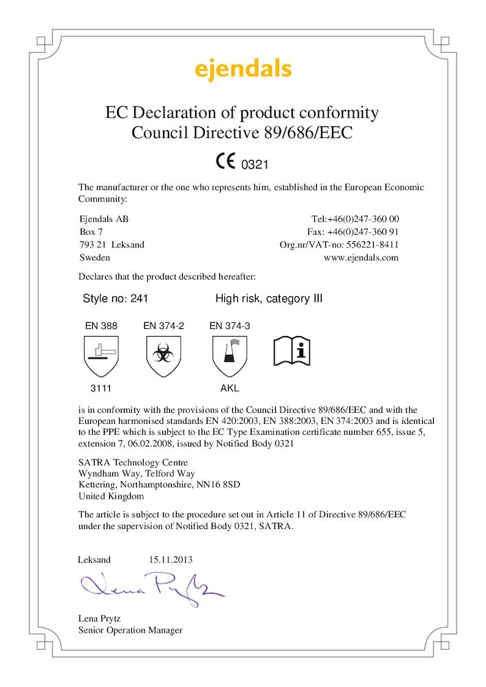 Handske Tegera 241 Certifikat