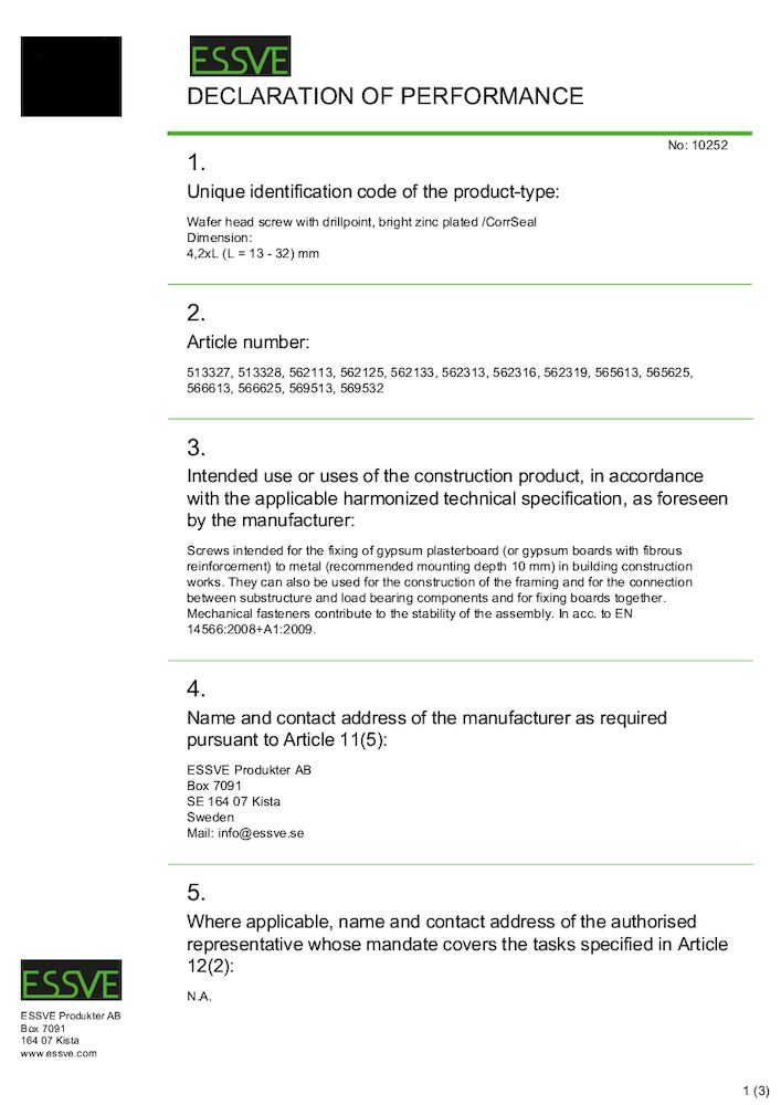 ESSVE MONTAGESKRUV PRESTANDADEKLARATION