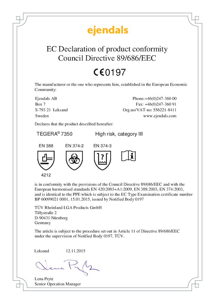 Handske Tegera 7350 Certifikat