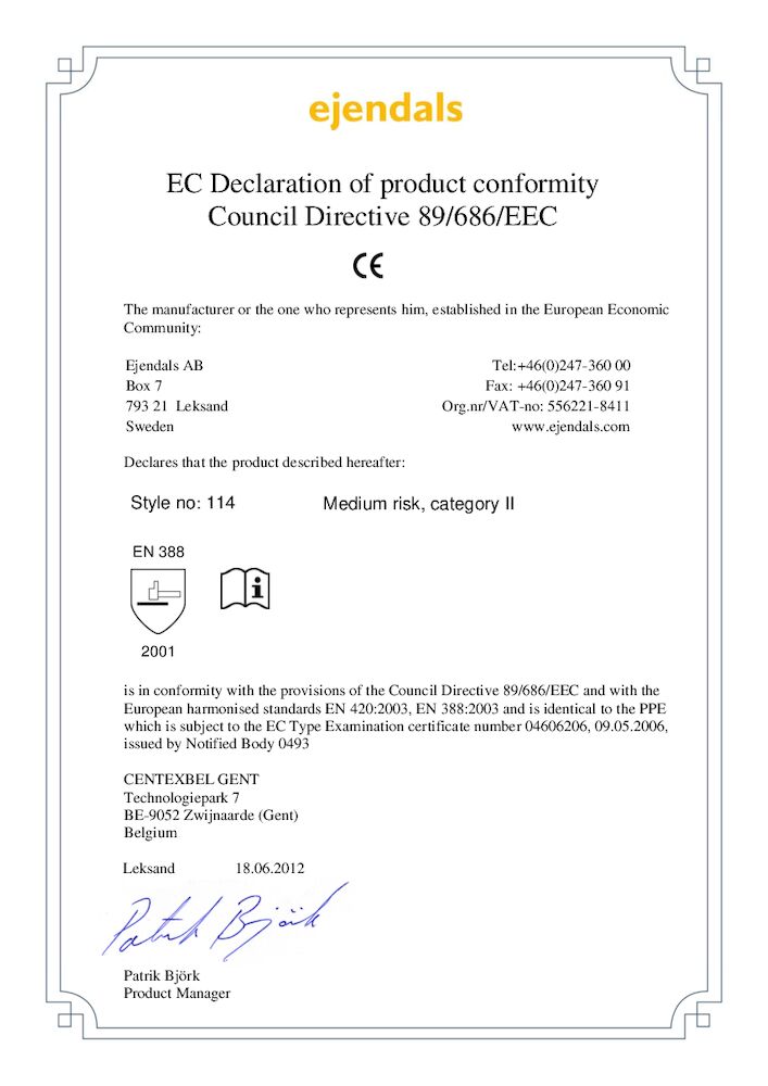 Handske Tegera 114 Certifikat