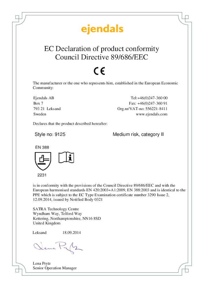 Handske Tegera 9125 Certifikat