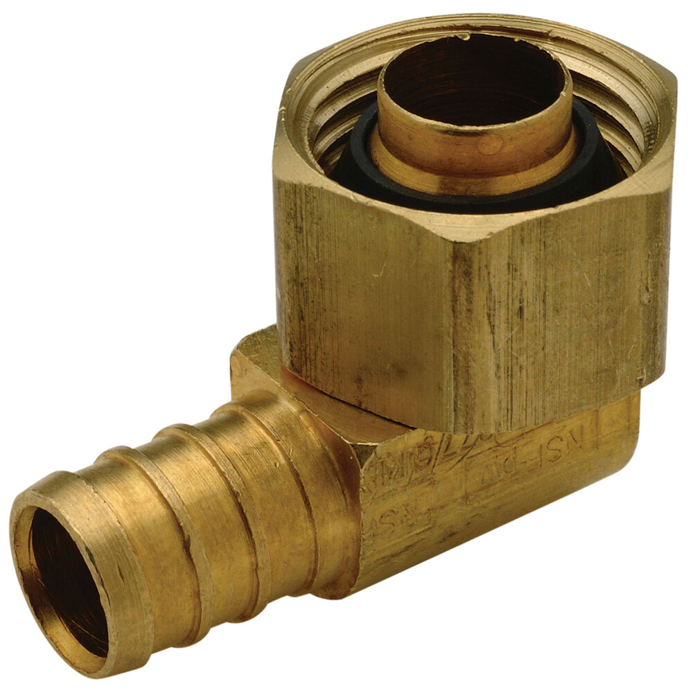 ZURN #QQE33BSGX - (CRIMP) XL BRASS SWIVEL ELBOW 90 DEG - 1/2 BARB X 1/2 FPT BRASS SWIVEL NUT