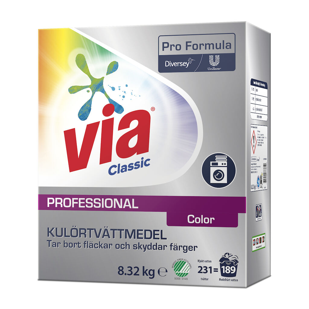 Via Pro Formula Color S 8.32kg - Svanenmärkt pulvertvättmedel för färgade tyger, effektiv vid 30°C.