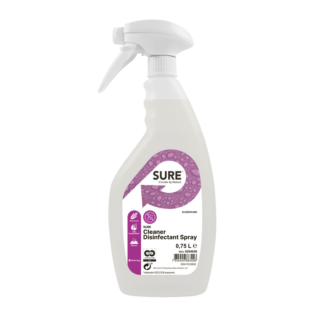 SURE Cleaner Disinfectant Spray 6x0.75L - Nettoyant désinfectant liquide, prêt à l'emploi, pour les surfaces, à base de matières premières végétales