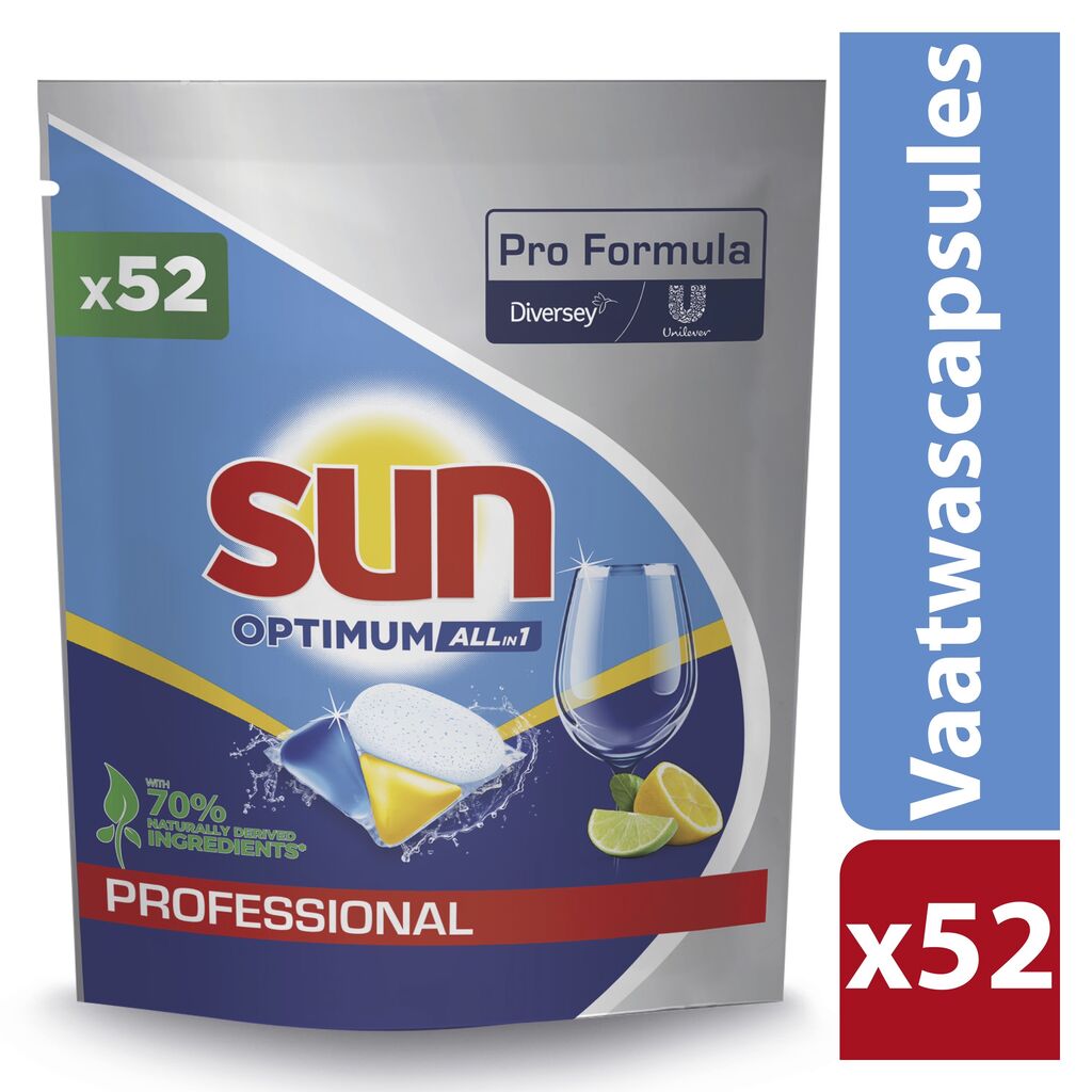 Sun Pro Formula Optimum All in 1 Capsules 4x52st - Vaatwascapsules Alles in 1, met glansspoelmiddel en zout, geschikt voor zowel huishoudelijke als professionele vaatwassers met een cyclus van 1-5 min.
