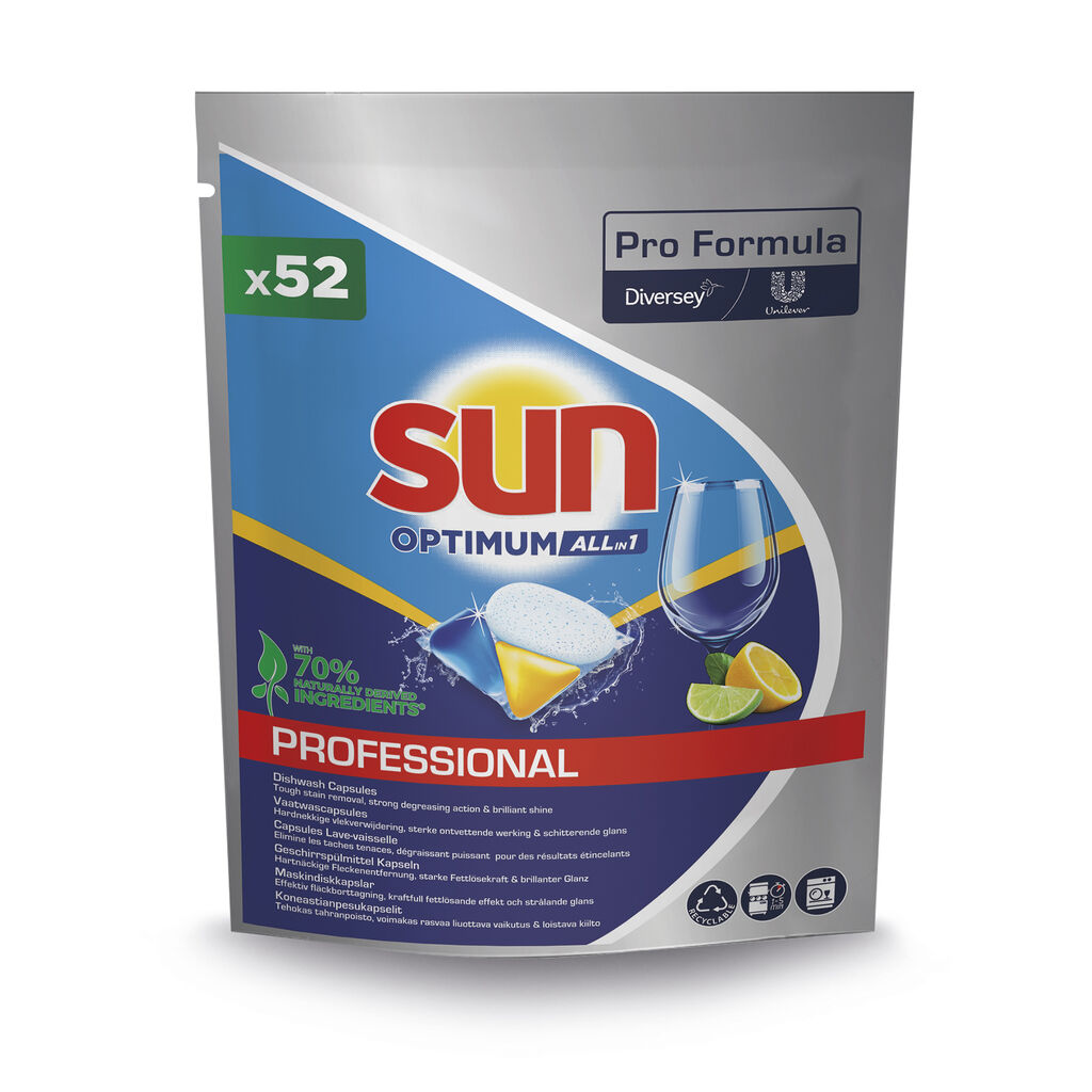 Sun Professional Optimum All in 1 4x52pz - Capsule per lavastoviglie Tutto in 1, con brillantante e sale, adatte alle lavastoviglie domestiche e professionali con ciclo da 1 a 5 minuti.
