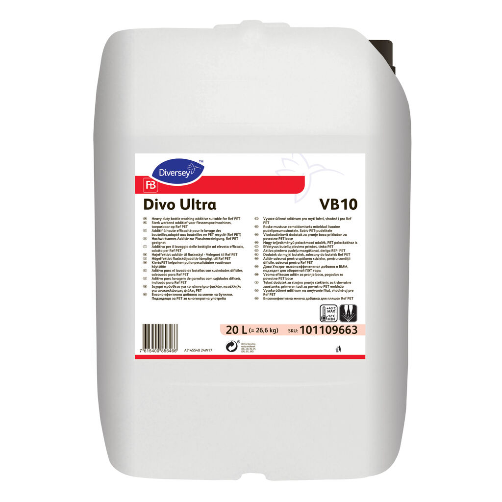 Divo Ultra VB10 20L - Additif à haute efficacité pour le lavage des bouteilles, adapté aux bouteilles en PET réutilisables (Ref PET)