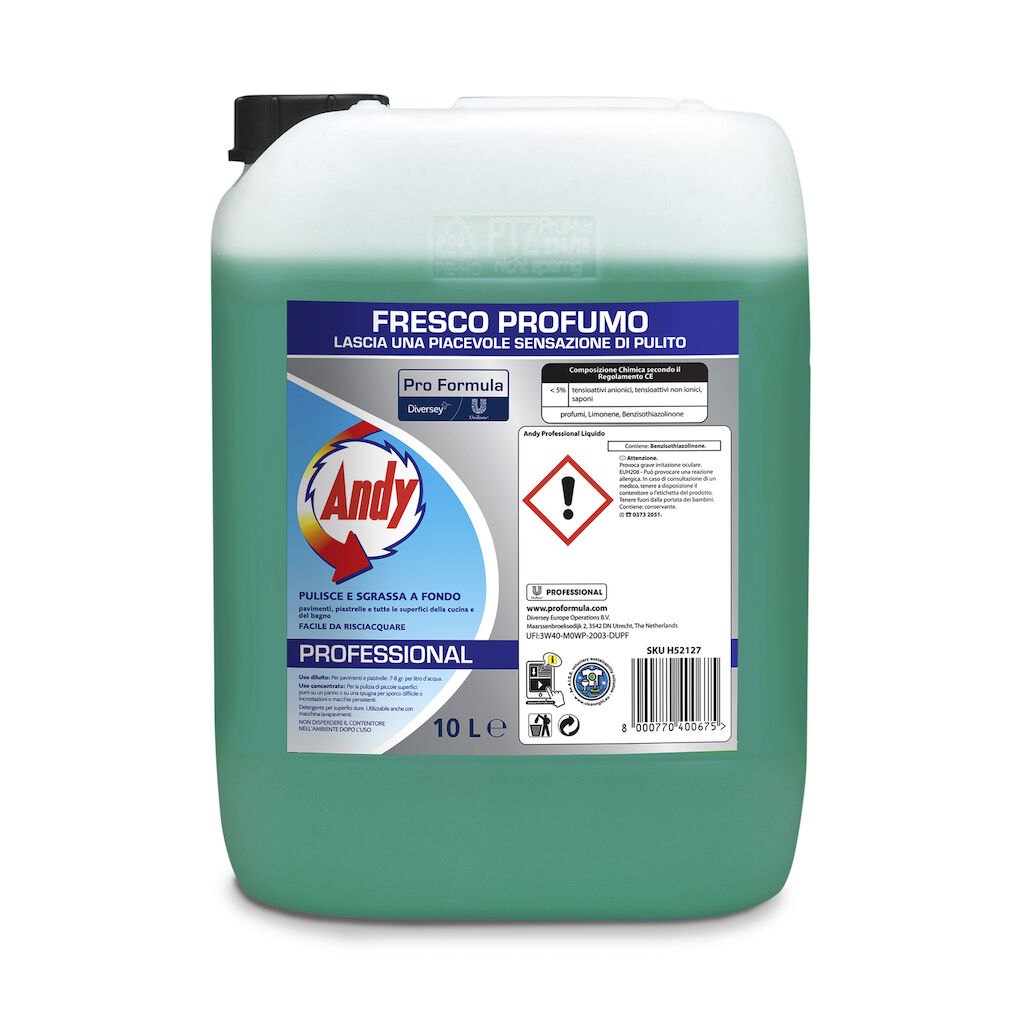 Andy Liquido 10L - Detergente ammoniacale per superfici dure resistenti all’acqua
