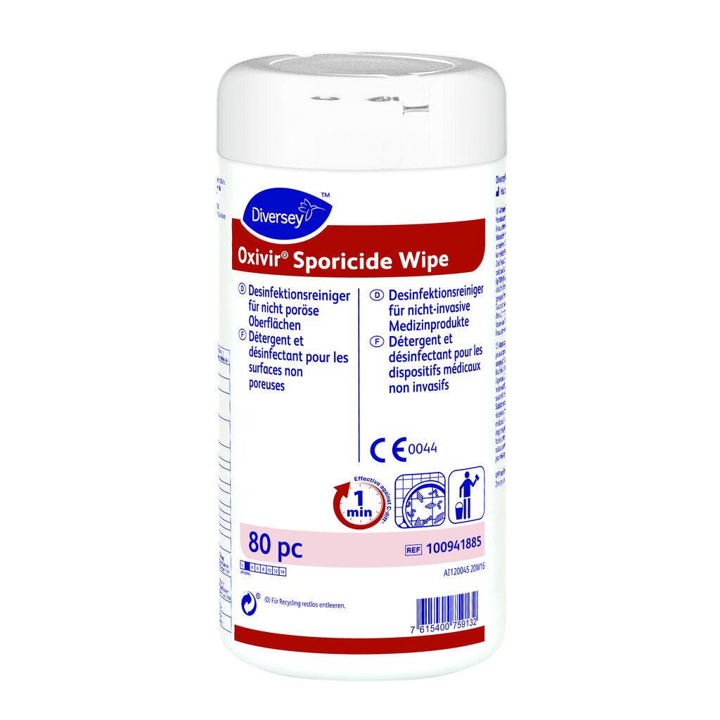Oxivir Sporicide Wipe 12x80pc - 20 x 30 cm - Lingettes détergentes‑désinfectantes pour les surfaces des dispositifs médicaux non invasifs et pour les surfaces dures.