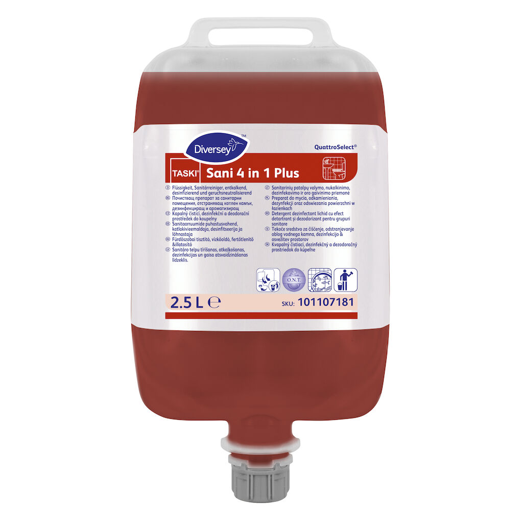 TASKI Sani 4 in 1 Plus 2x2.5L - Folyékony, tisztító és fertőtlenítőszer, vízkóoldó és illatosító hatással QuattroSelect kiszerelésben