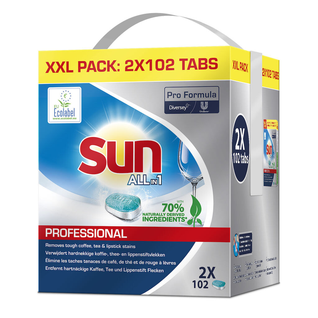 Sun Pro Formula All in 1 Tablets 2x102pc - Diswasher tablets all in1, with built in rinse aid and salt function, suitable for household dishwashers.