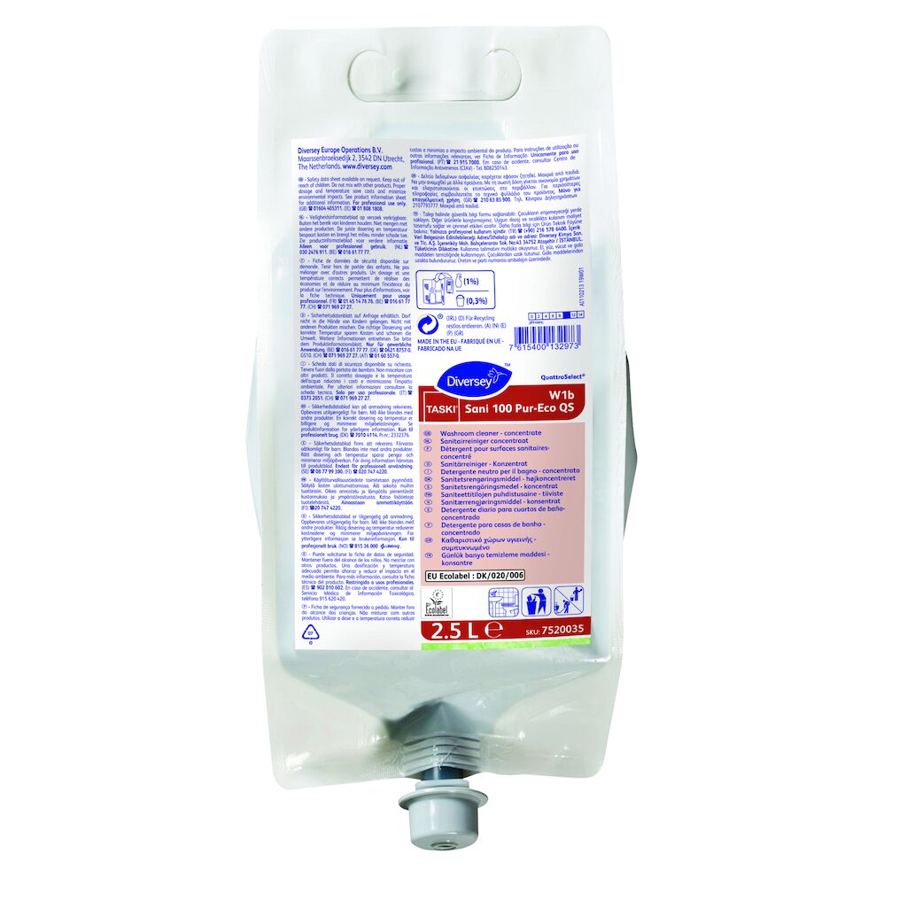 TASKI Sani 100 Pur-Eco QS 2x2.5L - Détergent sanitaires pour le nettoyage quotidien des surfaces dures résistantes à l’eau. Version écolabellisée du TASKI Sani 100
