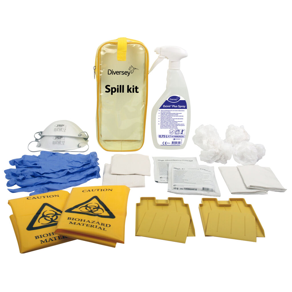 Oxivir Plus Spray spill kit 1stk. - Infektionsforebyggende førstehjælpssæt til at isolere og fjerne spildt kropsvæsker sikkert, hurtigt og nemt, når som helst.