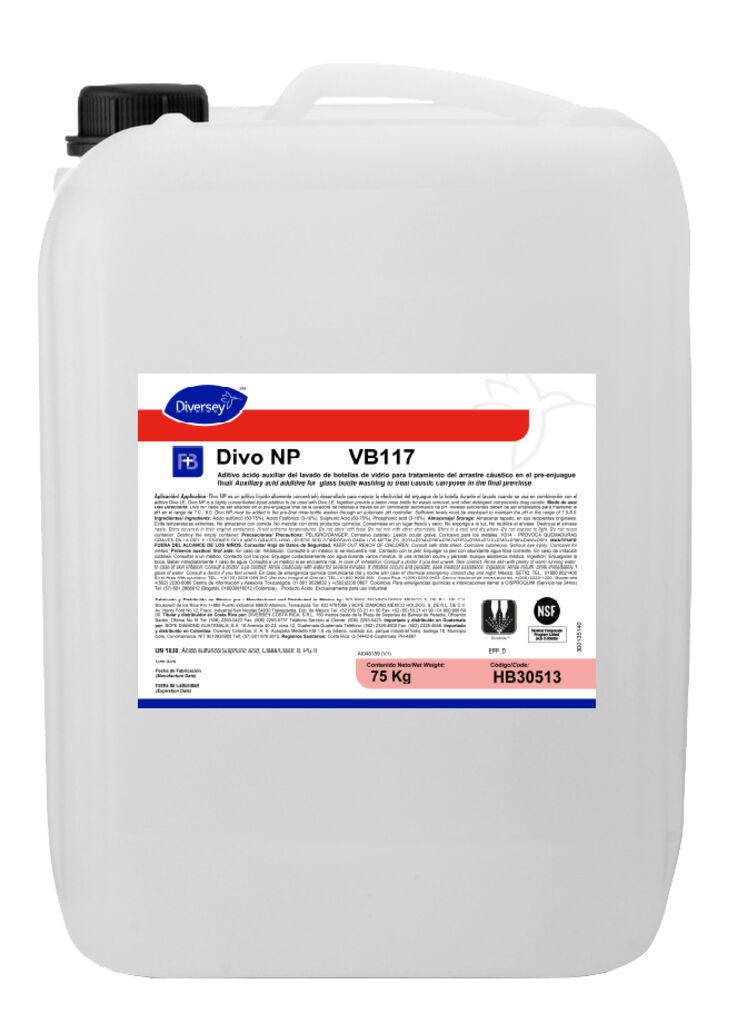 DIVO NP VB117 75kg - ADITIVO ÁCIDO AUXILIAR DEL LAVADO DE BOTELLAS DE VIDRIO PARA TRATAMIENTO DEL ARRASTRE CÁUSTICO EN EL PREENJUAGUE FINAL