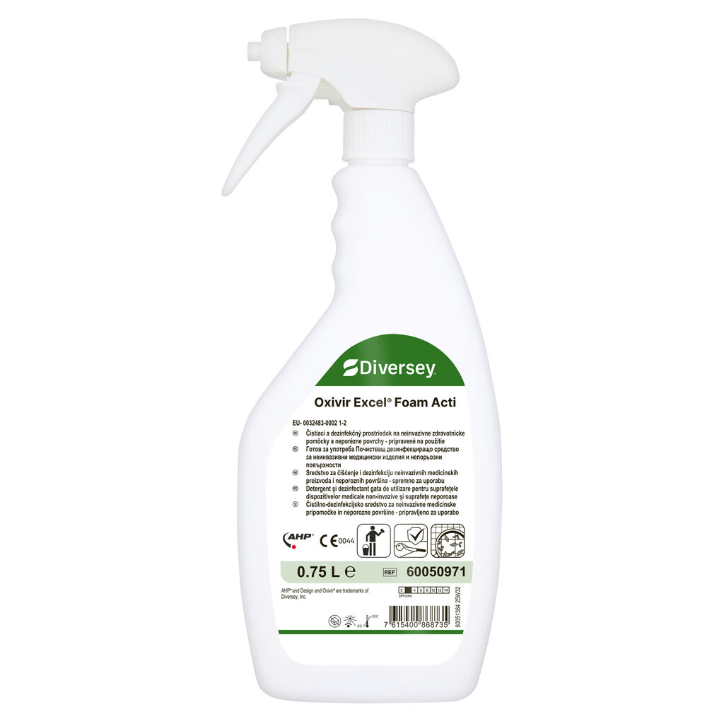 Oxivir Excel Foam Acti 6x0.75L - Čistiaci a dezinfekčný prostriedok pripravený na použitie na neinvazívne zdravotnícke pomôcky a neporézne povrchy