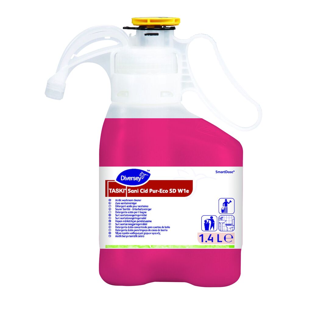 TASKI Sani Cid Pur-Eco SD W1e 1.4L - Détergent détartrant quotidien pour surfaces sanitaires.Version écolabellisée du TASKI Sani Cid. Format Smart Dose