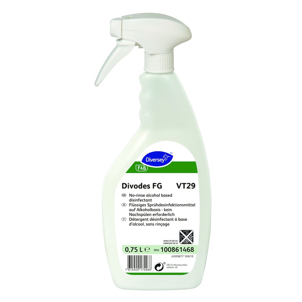 Divodes FG VT29 6x0.75L - Disinfettante idroalcolico senza risciacquo per superfici dure in industrie alimentari