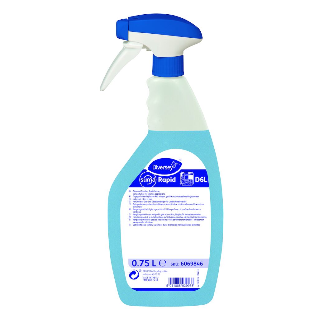 Suma Rapid D6L D6L 6x0.75L - Detergente neutro pronto all’uso per la pulizia di vetri ed altre superfici lavabili, senza profumo