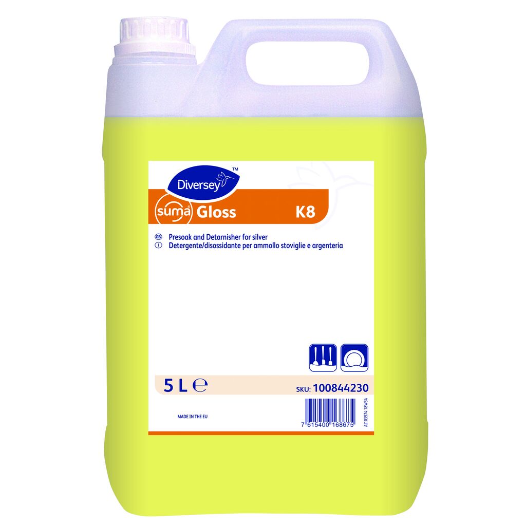 Suma Gloss K8 2x5L - Detergente liquido per l’ammollo e la disossidazione di stoviglie in argento ed in acciaio inox