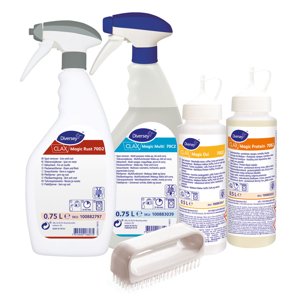 Clax Magic Starterkit 70A2 0.5L - Kit quitamanchas compuesto por los productos: Clax Magic Rust, Clax Magic Protein, Clax Magic Multi y Clax Magic Oxi