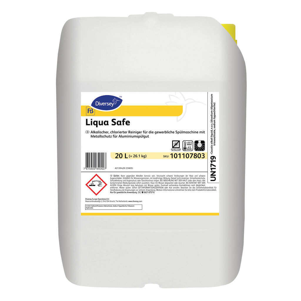 Liqua Safe 20L - Alkalischer, chlorierter Reiniger für die gewerbliche Spülmaschine mit Metallschutz für Aluminiumspülgut