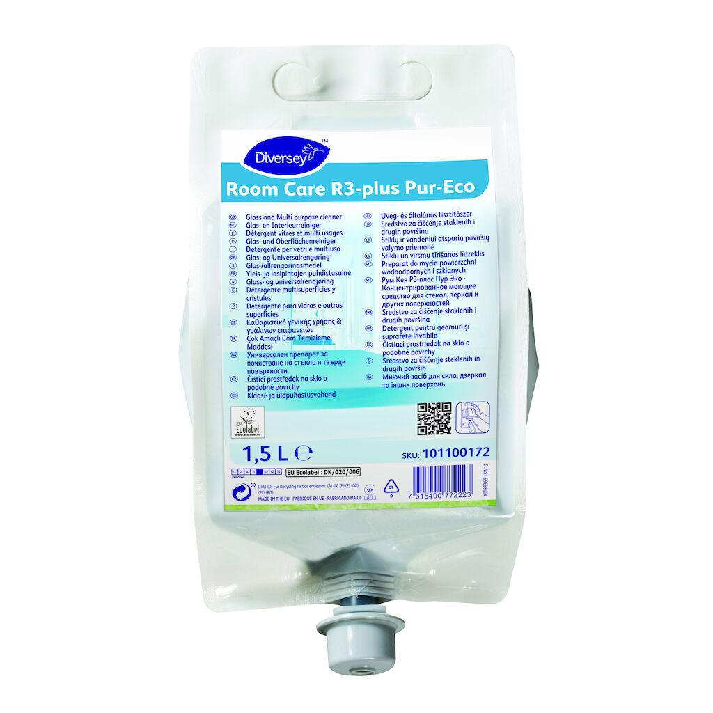 Room Care R3-plus Pur-Eco 2x1.5L - Detergente per vetri multiuso - concentrato. Conforme ai requisiti CAM 2021 in ambito civile e sanitario.
